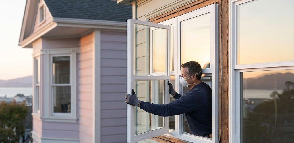This visual, showing a worker installing a clean, new window into a focused older Bay Area Victorian, illustrates the specific opportunity and success of retrofitting pre-1980 homes with energy-efficient tech.